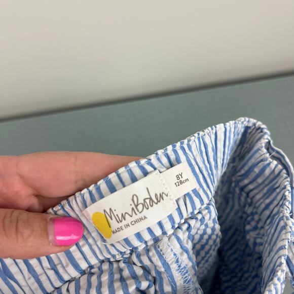 Mini Boden Embroidered Tie Waist Shorts Bright Bluebell Ticking 8 - Picture 5 of 10
